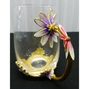 Ornate Floral Glass Cup & Spoon Set With Embellished Handle Tea Iced Tea Coffee